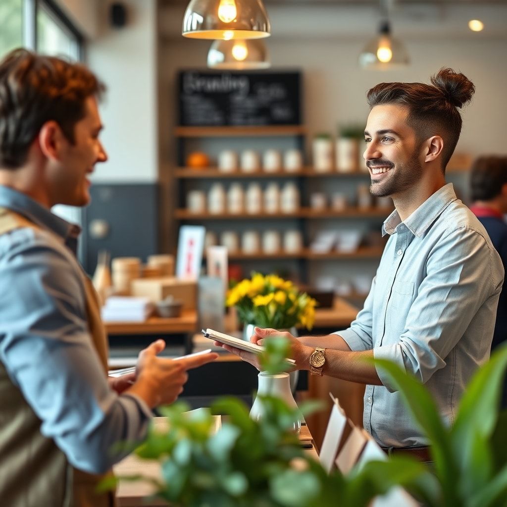 innovative - happy customer receiving top-notch service in a welcoming business environment, personalized customer experience