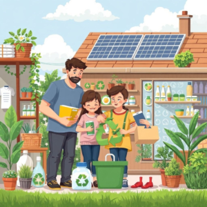 family recycling together at home, eco-friendly products on display at a store, solar panels on a rooftop