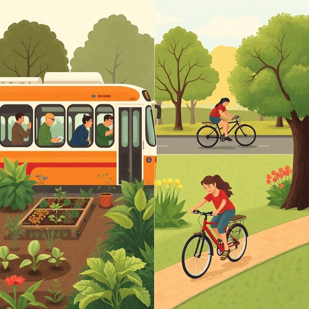 sustainable - community garden with people tending to plants, commuters on a bus using public transportation, family biking t