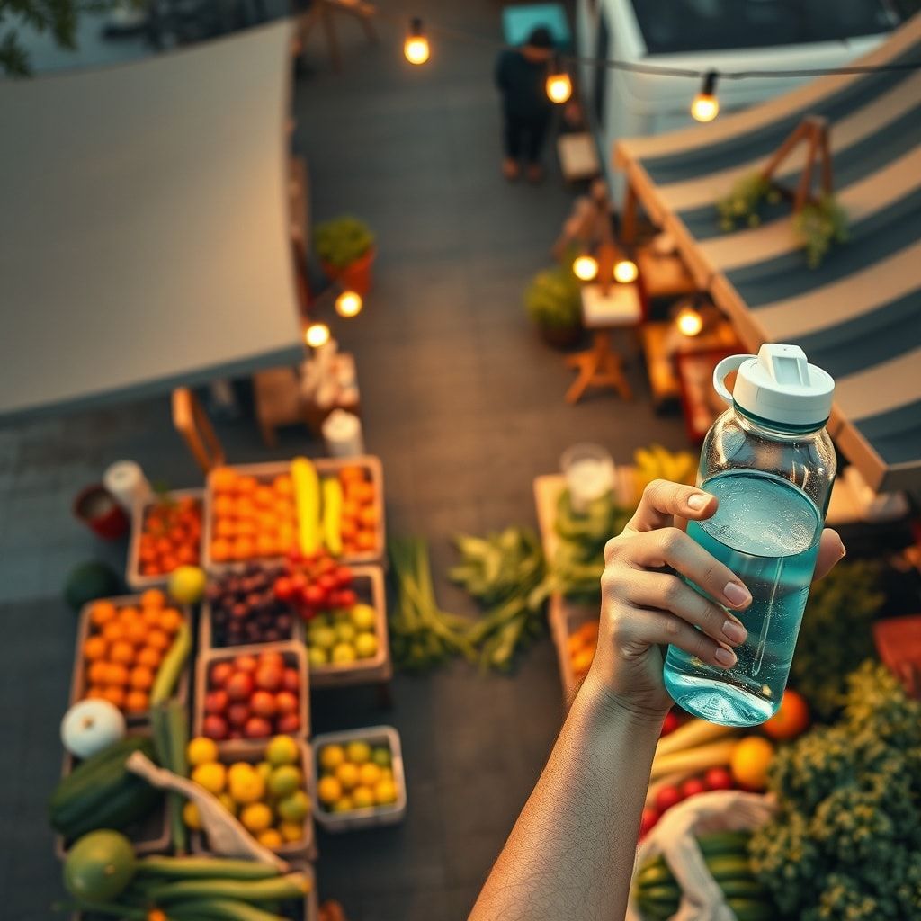 sustainable - local farmers market with fresh produce, person turning off lights at home to save energy, person using reusabl