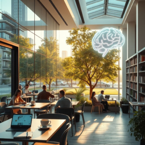 modern office with glass walls and people working on laptops, cozy Italian café terrace with coffee cups and notebooks, peaceful city park with green trees and stone pathways, minimalist living room interior with sunlight through large windows, futuristic AI holographic brain with neon lights, university library with tall bookshelves and students studying, warm natural sunlight, cinematic atmosphere, ultra realistic, highly detailed, 8k quality, photorealistic