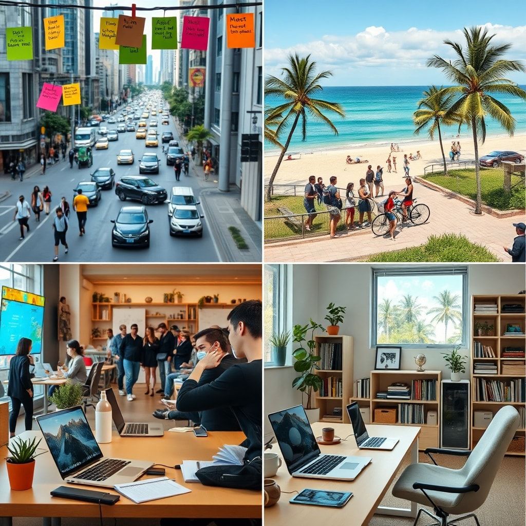 10 Innovative Ways to Boost Your Productivity 2 creative workspace with colorful sticky notes, motivational quotes, and plant decor, busy city street with people commuting a