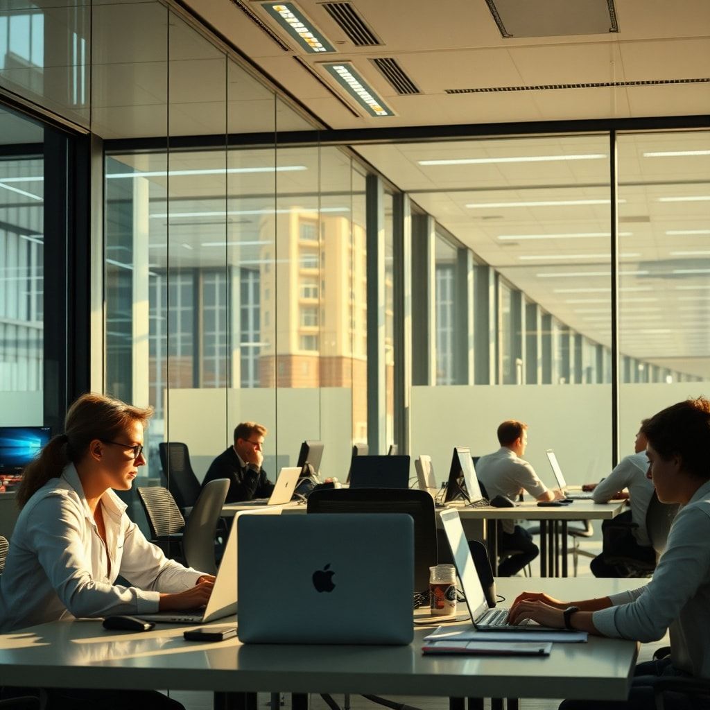 unveiling - modern office with glass walls and people working on laptops, cinematic atmosphere, warm natural sunlight