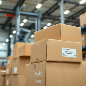 A close-up shot of a stack of eco-friendly corrugated cardboard boxes in a modern, well-lit warehouse. The boxes show subtle textures of recycled fibers, with a warm, natural brown tone. There are labels indicating 'Recycled Content' and 'Biodegradable'. In the background, automated machinery is faintly visible, suggesting efficient, sustainable logistics. The mood is clean, professional, and forward-thinking, with soft, diffused light, ultra realistic, highly detailed, 8k quality, photorealistic
