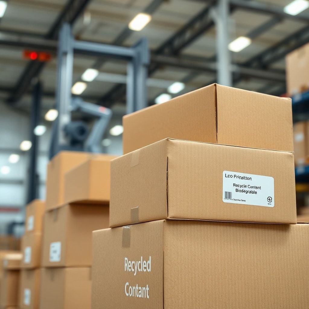 A close-up shot of a stack of eco-friendly corrugated cardboard boxes in a modern, well-lit warehouse. The boxes show subtle textures of recycled fibers, with a warm, natural brown tone. There are labels indicating 'Recycled Content' and 'Biodegradable'. In the background, automated machinery is faintly visible, suggesting efficient, sustainable logistics. The mood is clean, professional, and forward-thinking, with soft, diffused light, ultra realistic, highly detailed, 8k quality, photorealistic