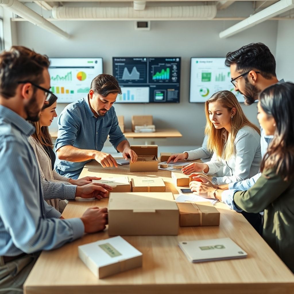 beyond - A diverse group of supply chain professionals and packaging designers collaborating around a table in a modern, brig