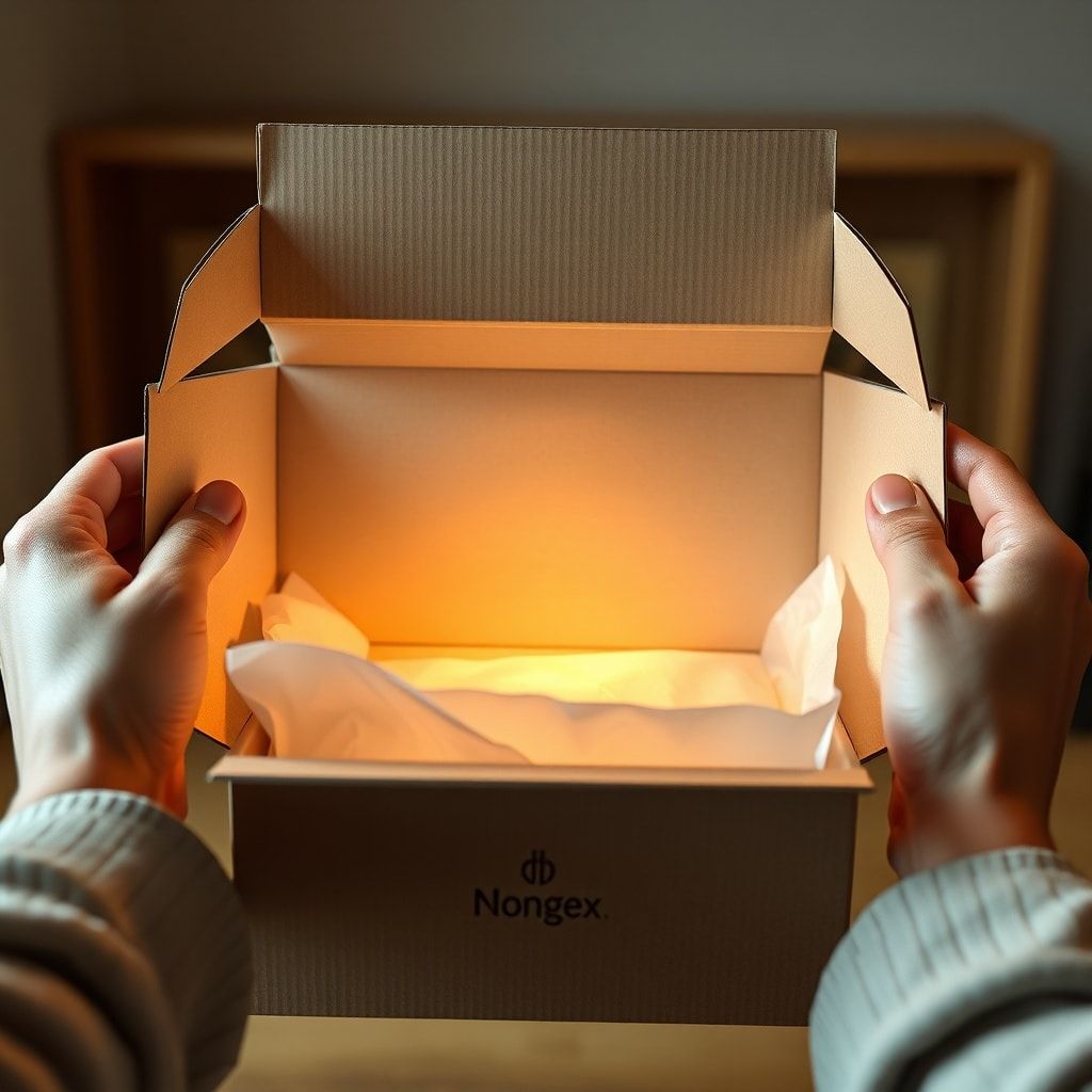A beautifully designed custom corrugated box being carefully opened by hands, revealing a soft tissue paper interior and a glimpse of a premium product. The box features a minimalist logo and a subtle texture, with warm ambient lighting emphasizing the moment of anticipation. The scene evokes a feeling of luxury and excitement, with a focus on tactile and visual details, ultra realistic, highly detailed, 8k quality, photorealistic