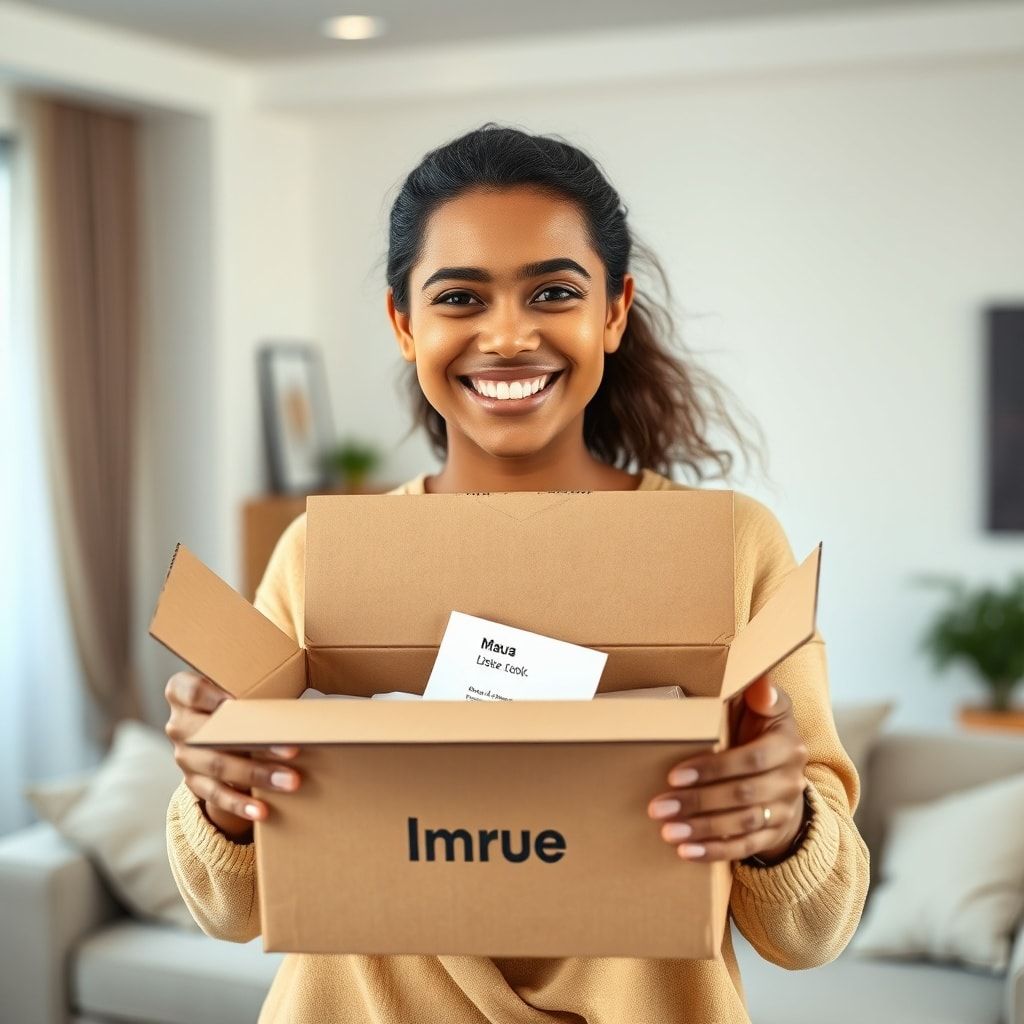 A happy customer holding an opened, branded custom corrugated box, smiling genuinely. The contents of the box are visible and