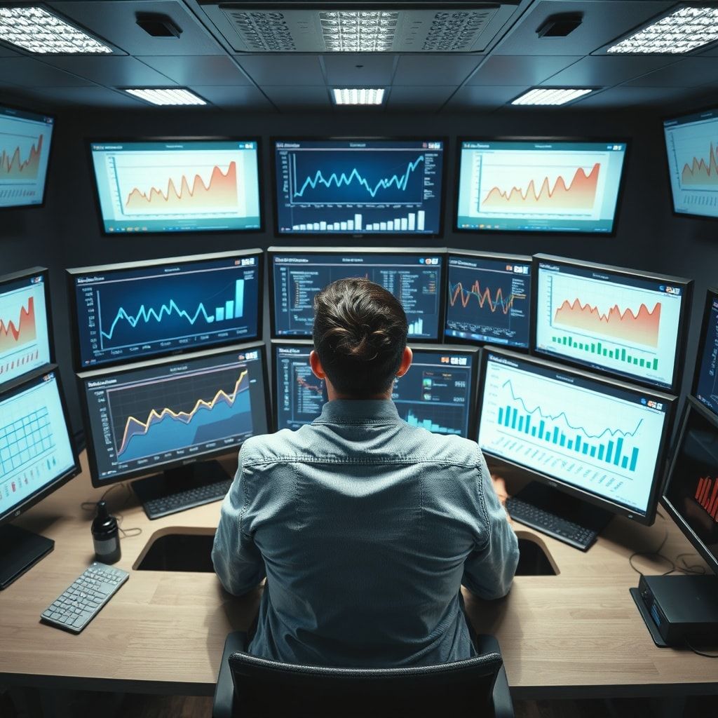 A person sitting at a desk, surrounded by multiple screens displaying graphs and charts, symbolizing productivity maximization