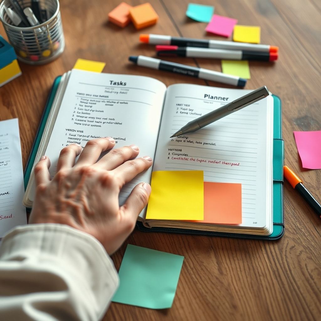maximizing - A close-up shot of a hand writing tasks in a planner, with colorful sticky notes and markers laid out on a woode