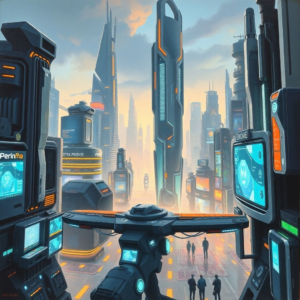 cutting-edge technology in a futuristic cityscape, sleek design, advanced features, high-tech gadgets, digital interfaces, dynamic lighting effects, futuristic architecture, sci-fi atmosphere