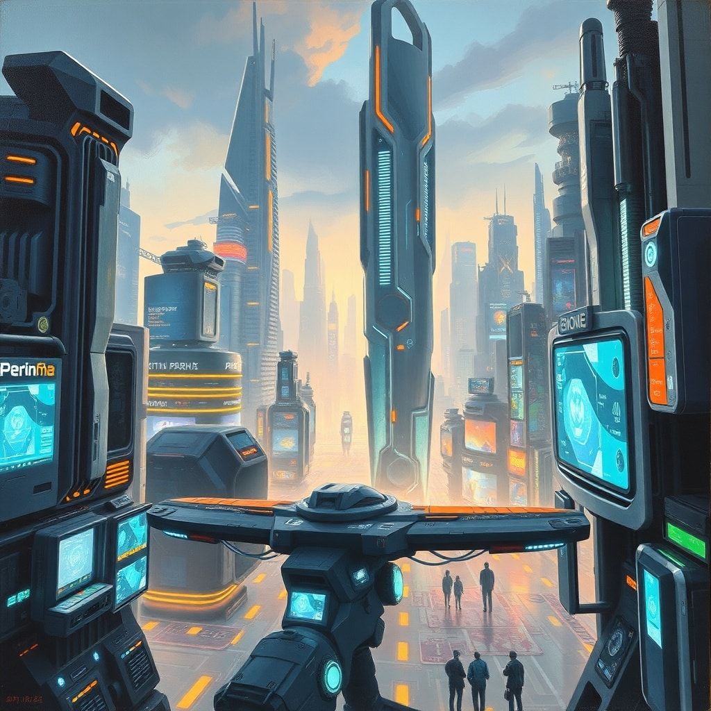 cutting-edge technology in a futuristic cityscape, sleek design, advanced features, high-tech gadgets, digital interfaces, dynamic lighting effects, futuristic architecture, sci-fi atmosphere