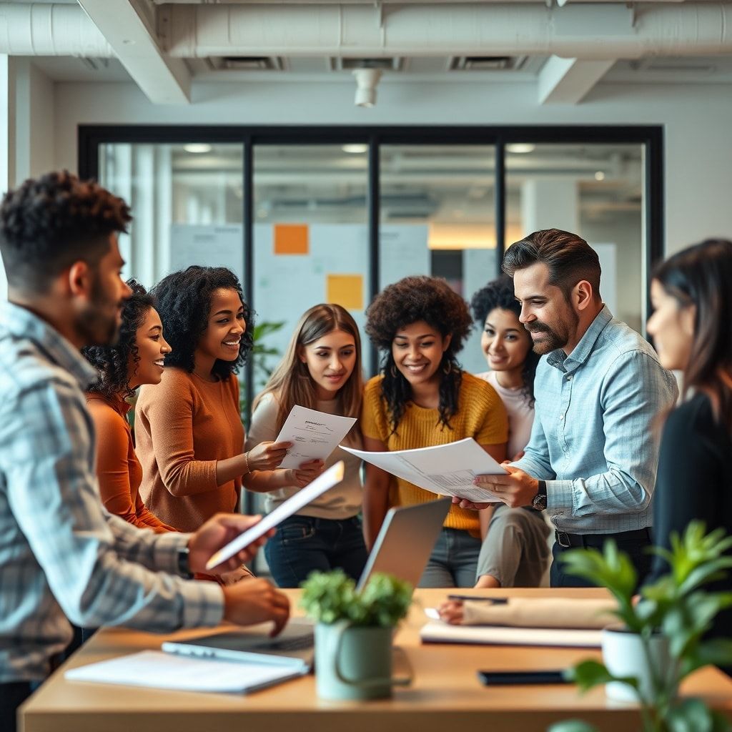 diverse team collaborating on innovative projects, brainstorming ideas, discussing solutions, creative workspace, modern offi