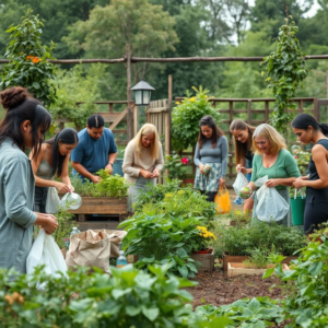 sustainable living practices in action, eco-friendly products and reusable items, diverse group of people living sustainably in a community garden