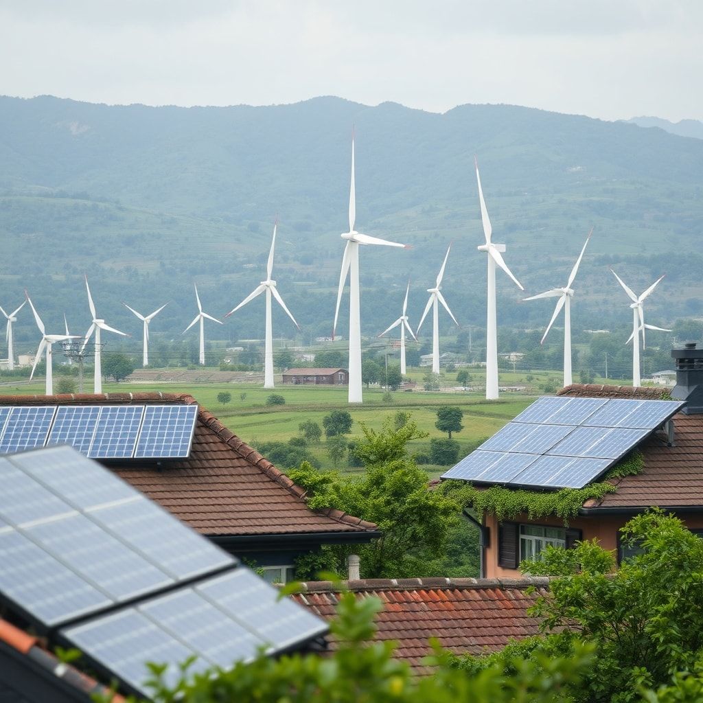 sustainable energy sources, solar panels on rooftops, wind turbines in a green landscape, sustainable living off the grid, re