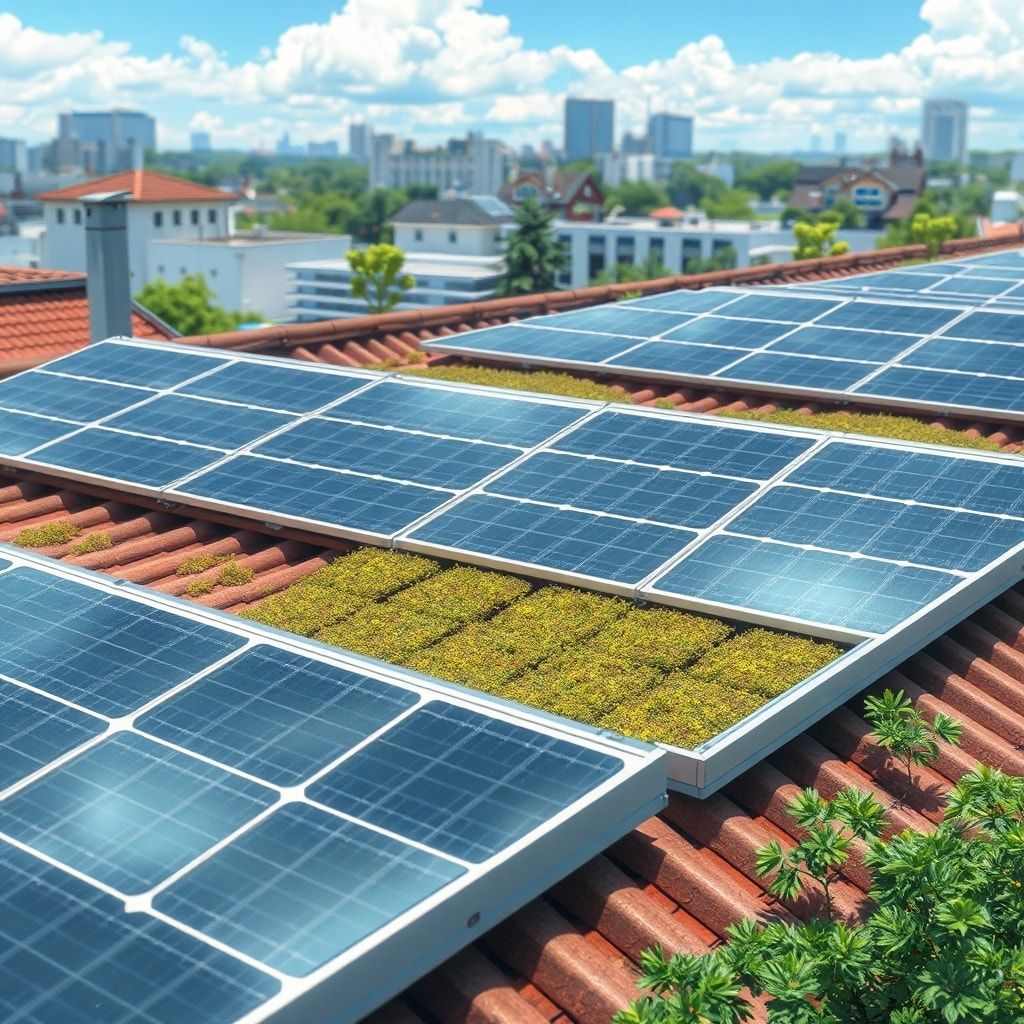 solar panels on a rooftop with green energy and sustainable technology