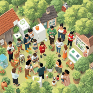 A diverse group of people engaging in sustainable practices such as recycling, using energy-efficient appliances, and supporting local businesses