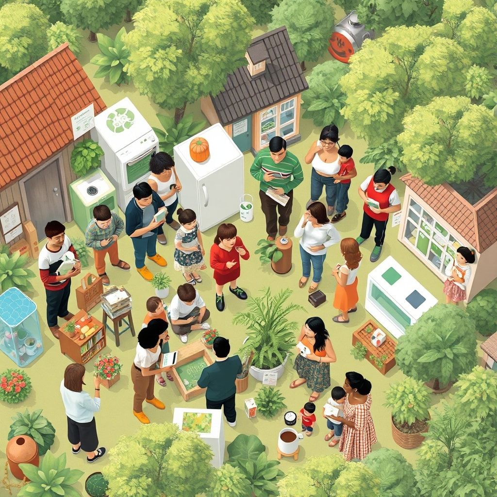 A diverse group of people engaging in sustainable practices such as recycling, using energy-efficient appliances, and supporting local businesses