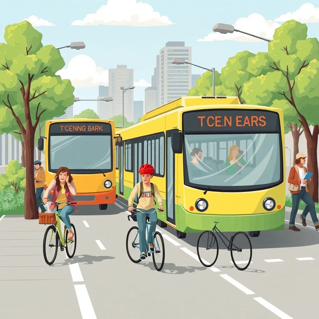 sustainable - An eco-friendly transportation scene featuring people biking, walking, and using public transportation to reduc