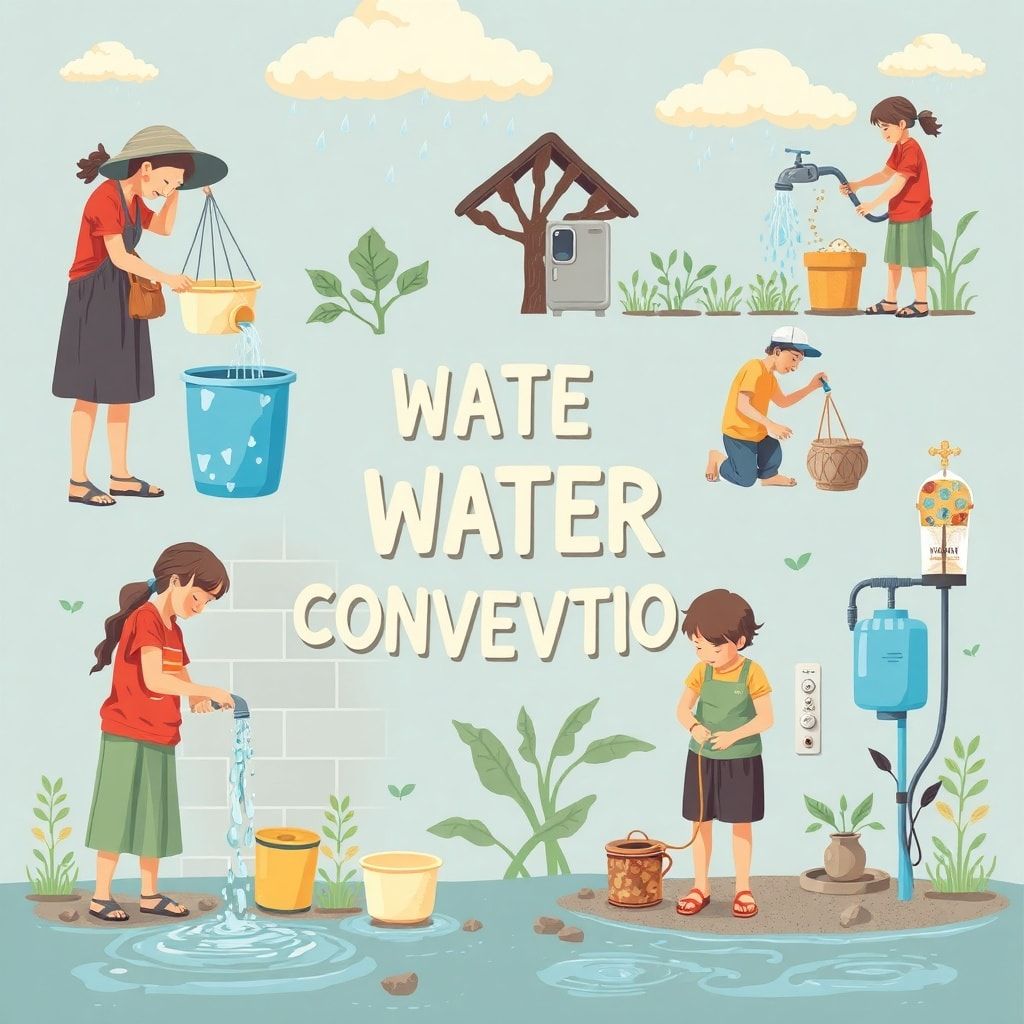 sustainable - A water conservation image showcasing individuals collecting rainwater, fixing leaky faucets, and using water-s