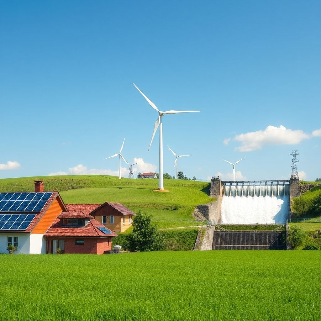 unveiling - solar panels on rooftops of houses, wind turbines in a green field under blue sky, hydroelectric dam generating e