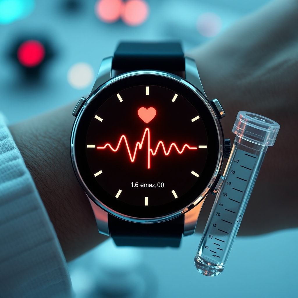 unveiling - smartwatch monitoring heart rate and activity, genetic testing kit with DNA samples, futuristic medical technolog