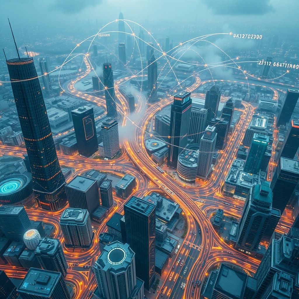 cutting-edge technology in action, futuristic cityscape with advanced infrastructure, digital transformation concept with interconnected devices and data flow