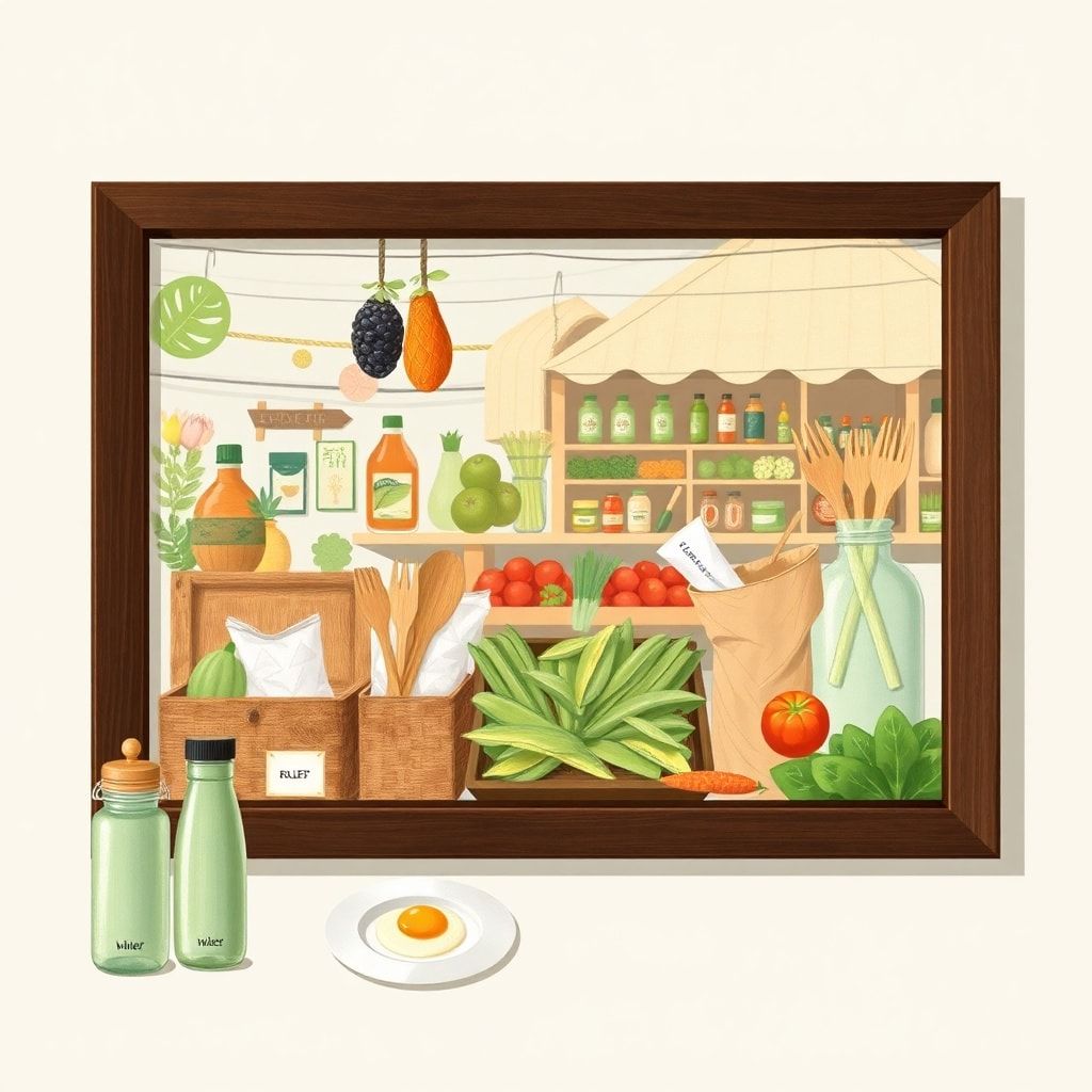 sustainable lifestyle with eco-friendly products, reusable water bottles, bamboo utensils, and organic produce at farmers market