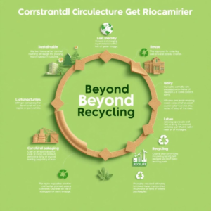 A detailed infographic illustrating the circular economy model for corrugated packaging, showing stages from sustainable forestry to manufacturing, use, reuse, recycling, and regeneration. Emphasize interconnectedness, vibrant green and brown color palette, modern minimalist design, educational, highly detailed, 8k quality, digital art style, conveying movement and flow, with a focus on 'Beyond Recycling' concept.