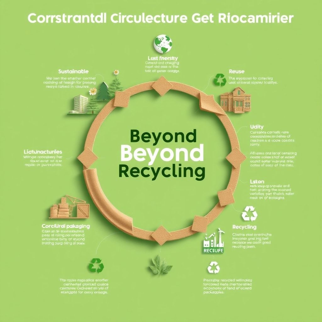 A detailed infographic illustrating the circular economy model for corrugated packaging, showing stages from sustainable forestry to manufacturing, use, reuse, recycling, and regeneration. Emphasize interconnectedness, vibrant green and brown color palette, modern minimalist design, educational, highly detailed, 8k quality, digital art style, conveying movement and flow, with a focus on 'Beyond Recycling' concept.