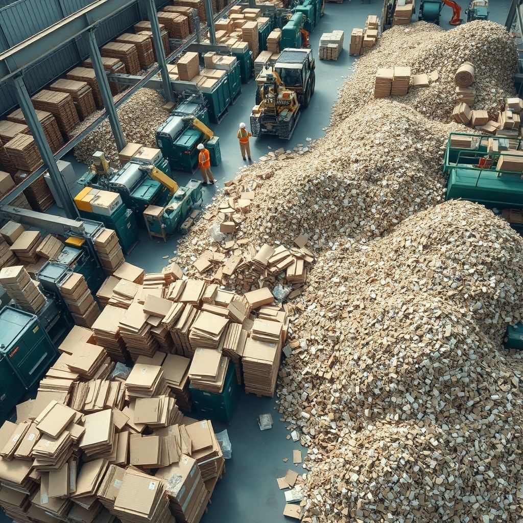 An aerial view of a bustling recycling facility, showing large piles of cardboard and machinery sorting materials. The scene