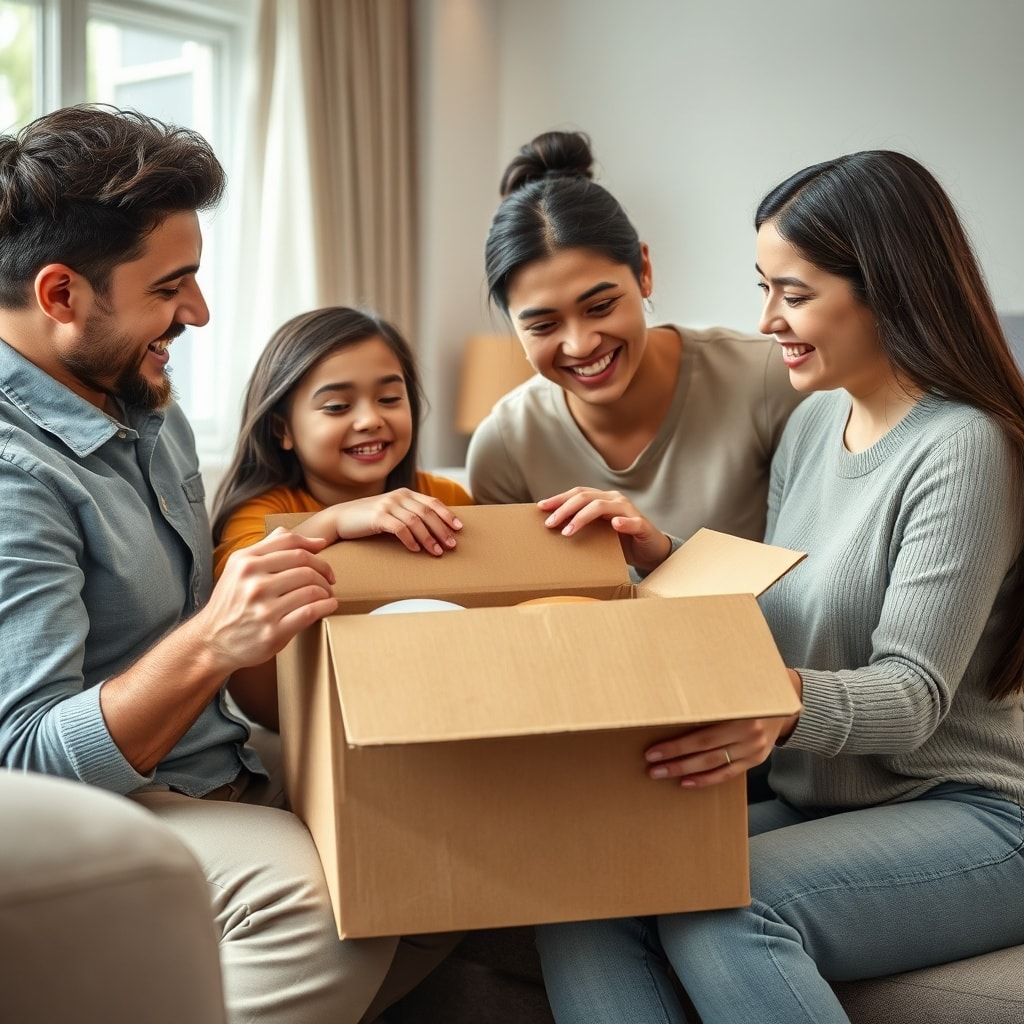 A happy family unboxing a product delivered in a neatly designed corrugated box, smiling and interacting with the packaging.
