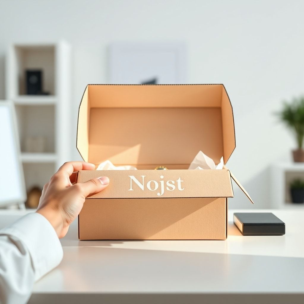 A pair of hands gently opening a beautifully designed custom corrugated box. The box features a minimalist logo and a soft matte finish in a pastel color. Inside, a glimpse of custom tissue paper and a small product is visible. The background is a clean, modern desk with a subtle blur, natural daylight, soft focus, inviting, high-key lighting, product photography style, ultra realistic, highly detailed, 8k quality, photorealistic