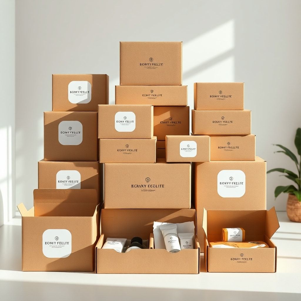 unboxing - An aesthetically pleasing stack of various custom corrugated boxes in different sizes, all featuring minimalist, e