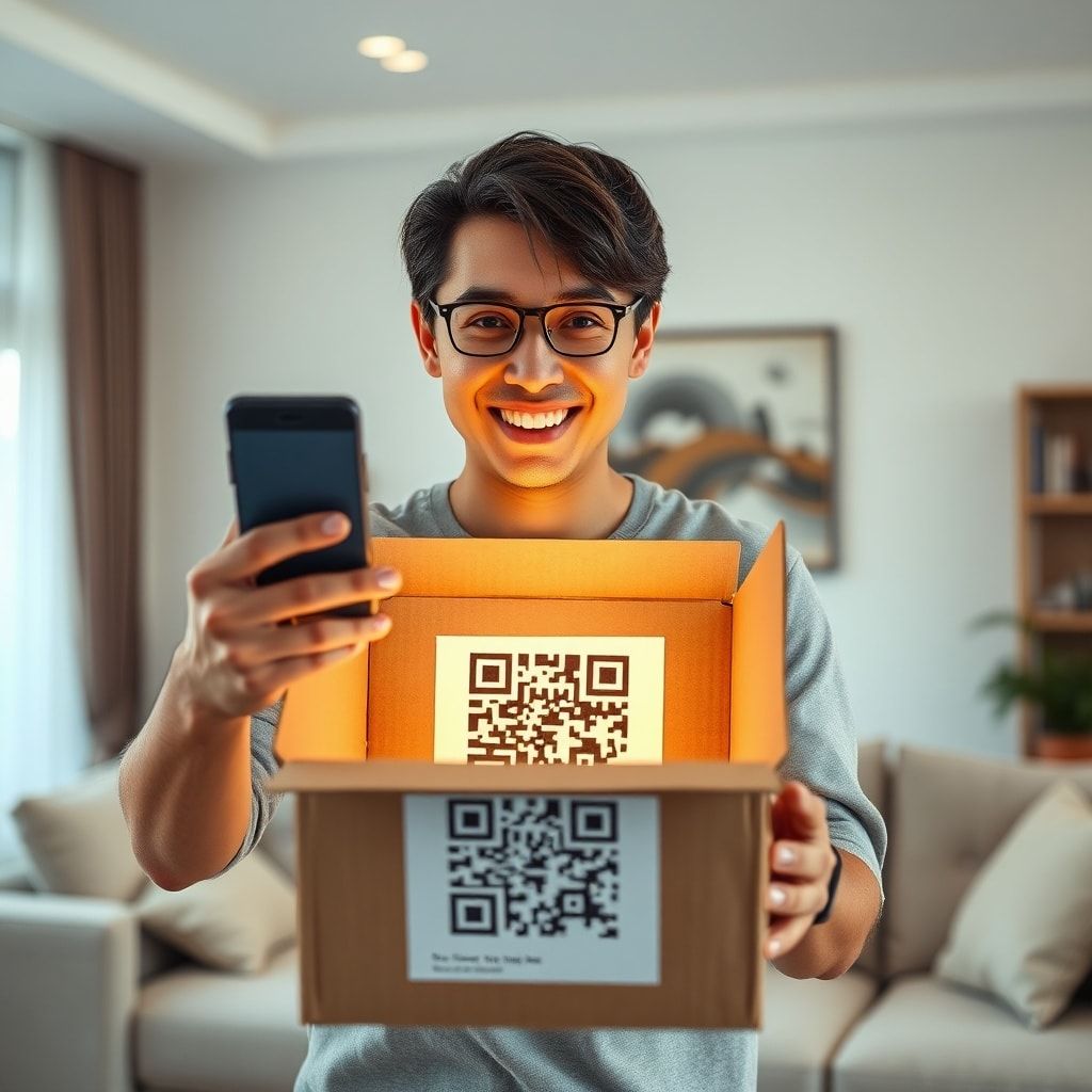 A customer, mid-20s, with a look of pleasant surprise, holding an open custom corrugated box. The inside of the box has a vib