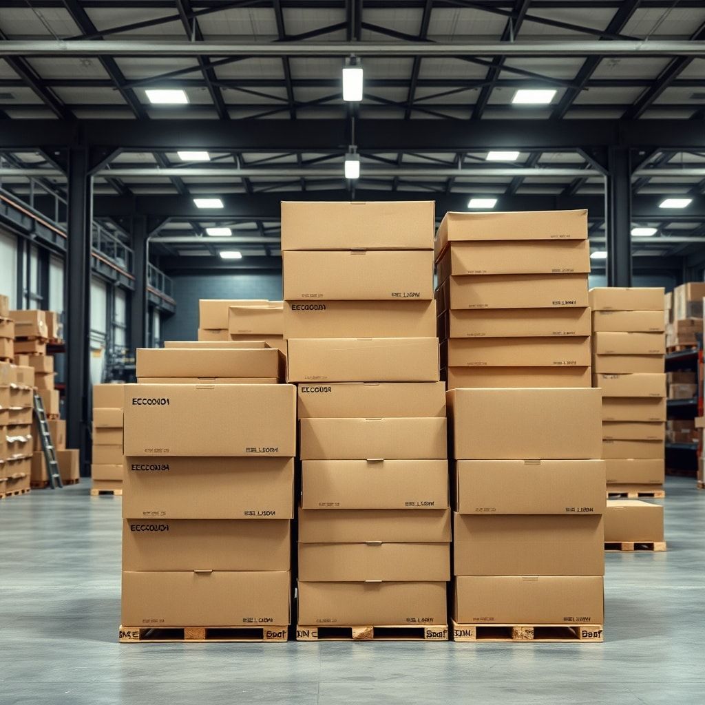 A manufacturing facility with stacks of corrugated cardboard boxes ready for shipping, showcasing an eco-friendly packaging solution