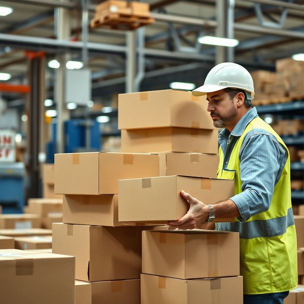 exploring - A factory worker stacking corrugated boxes, illustrating the widespread adoption of this eco-friendly packaging s