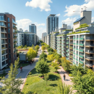 sustainable living in a modern city with green spaces, bike lanes, and solar panels on buildings