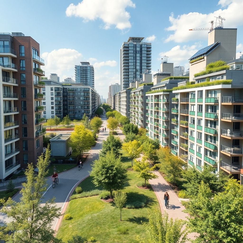 sustainable living in a modern city with green spaces, bike lanes, and solar panels on buildings