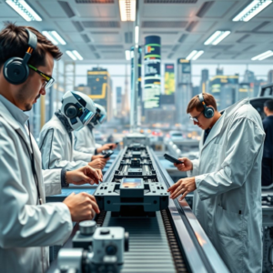 cutting-edge technology lab with scientists working on futuristic gadgets, advanced robotics assembly line with automated machines and conveyor belts, high-tech medical facility with digital screens and equipment, innovative smart city skyline with sustainable buildings and green spaces, tech startup office with young professionals brainstorming ideas, creative design studio with colorful sketches and 3D printers, futuristic cityscape with flying cars and holographic displays, sleek modern gadgets and devices, sleek and futuristic, high-tech, dynamic, vibrant, innovative, state-of-the-art