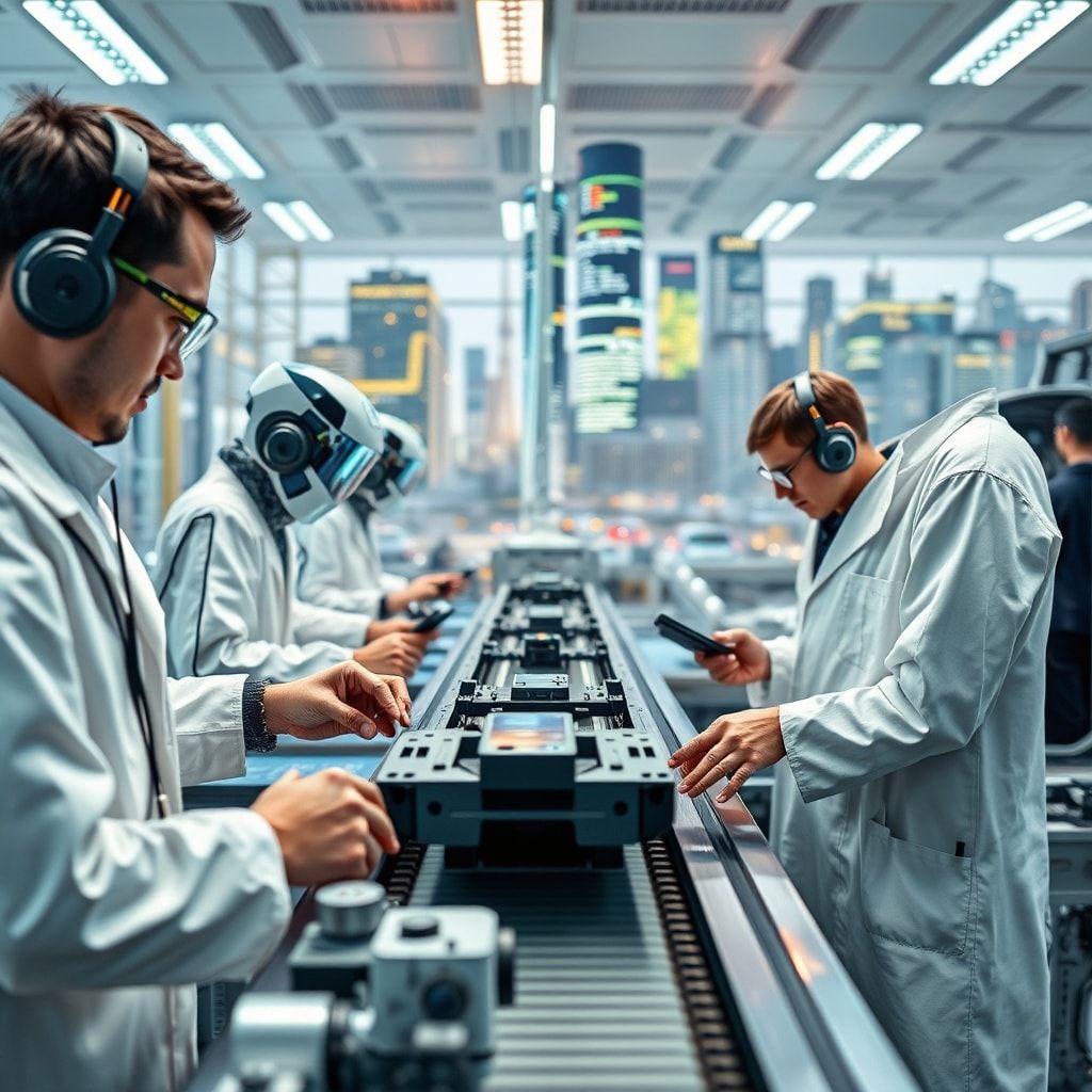 cutting-edge technology lab with scientists working on futuristic gadgets, advanced robotics assembly line with automated machines and conveyor belts, high-tech medical facility with digital screens and equipment, innovative smart city skyline with sustainable buildings and green spaces, tech startup office with young professionals brainstorming ideas, creative design studio with colorful sketches and 3D printers, futuristic cityscape with flying cars and holographic displays, sleek modern gadgets and devices, sleek and futuristic, high-tech, dynamic, vibrant, innovative, state-of-the-art