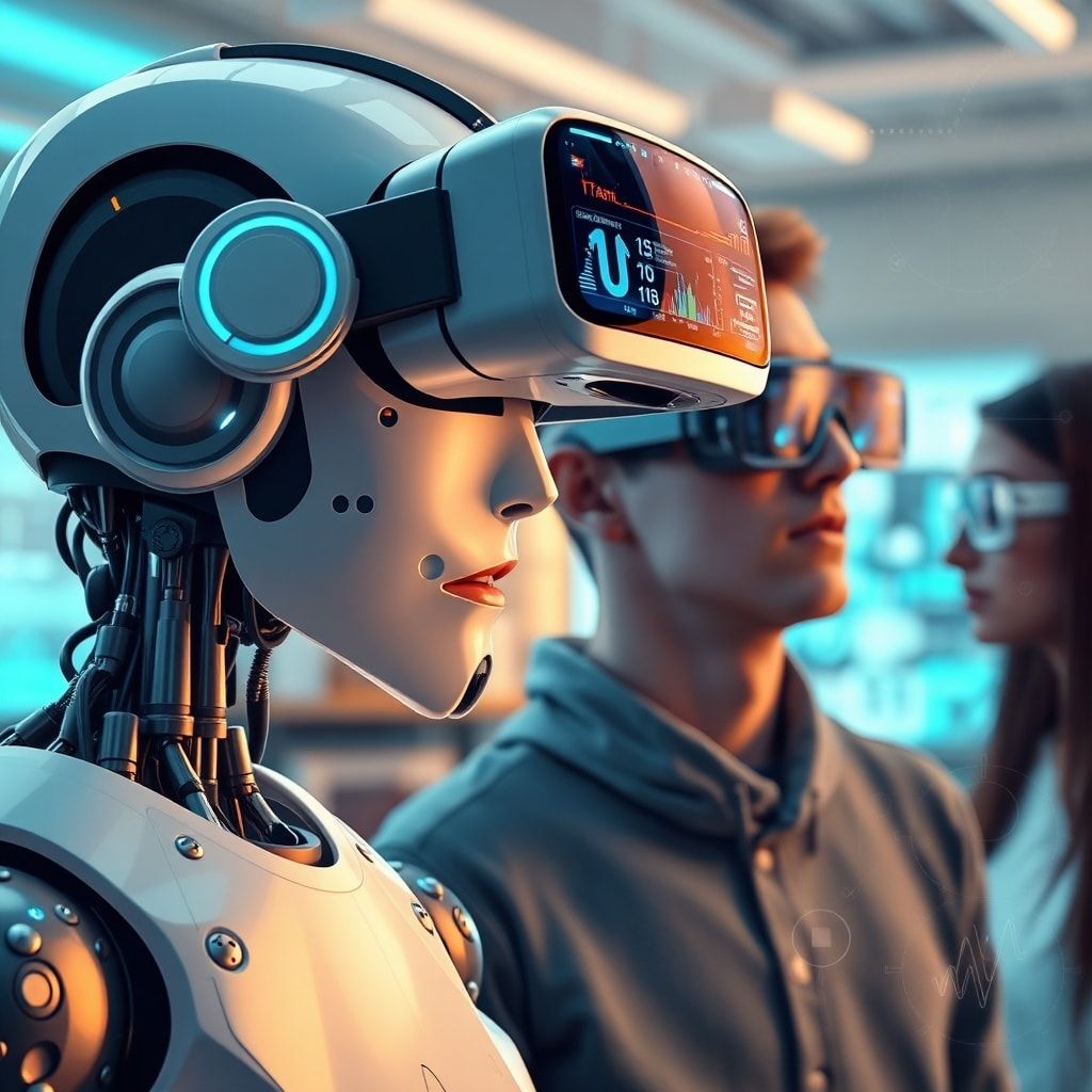 revolutionizing - AI-powered robots assisting humans in daily tasks, virtual reality headset with immersive 3D visualization,