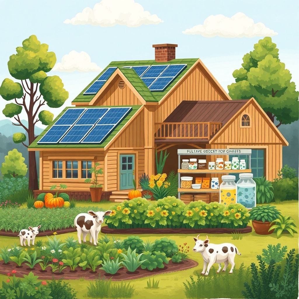 eco-friendly home with solar panels and green roof, sustainable farm with organic crops and happy animals, zero-waste grocery store with bulk bins and reusable containers