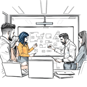 cutting-edge technology solutions in a modern office setting, featuring diverse team members collaborating around a digital whiteboard, sleek laptops, and futuristic gadgets
