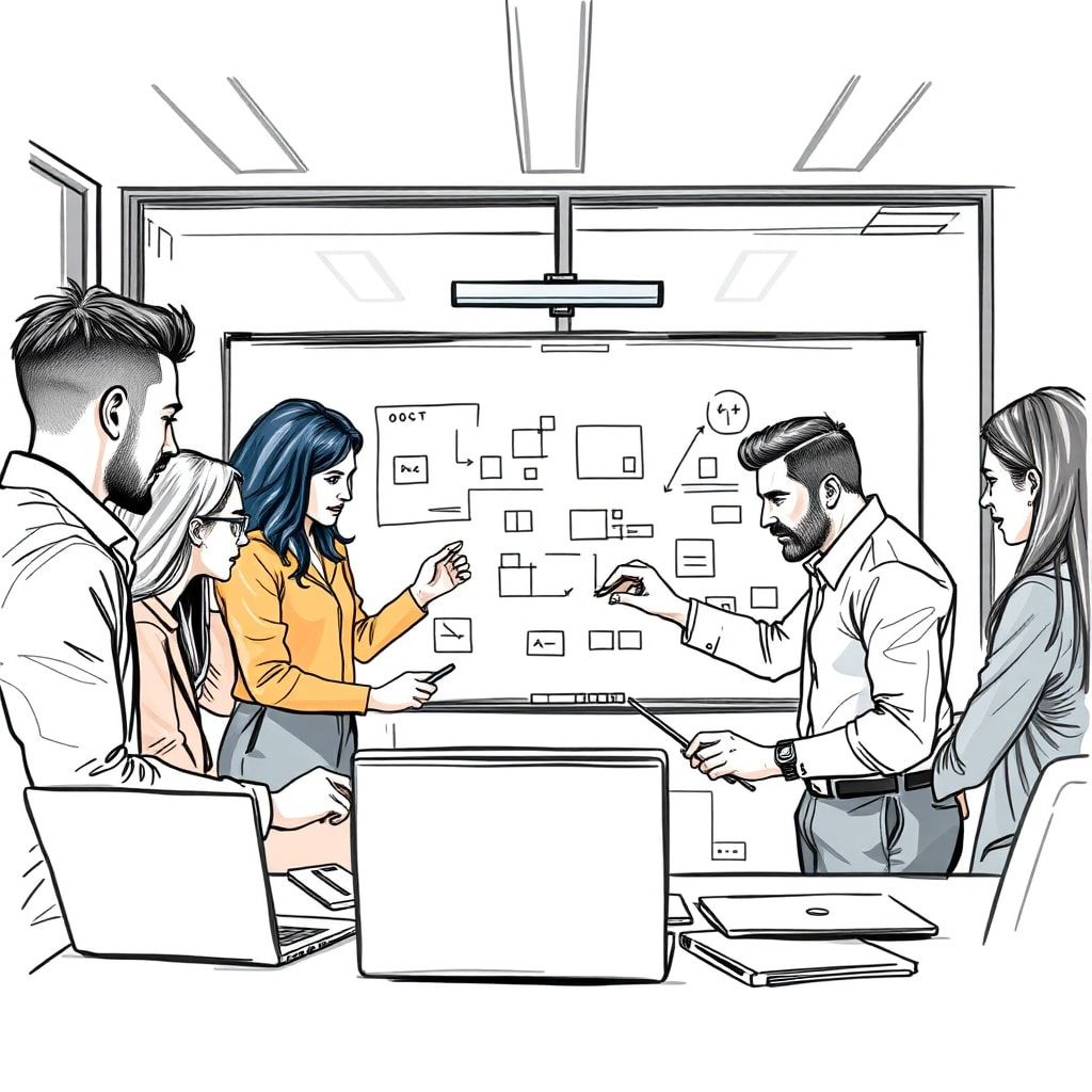 cutting-edge technology solutions in a modern office setting, featuring diverse team members collaborating around a digital whiteboard, sleek laptops, and futuristic gadgets