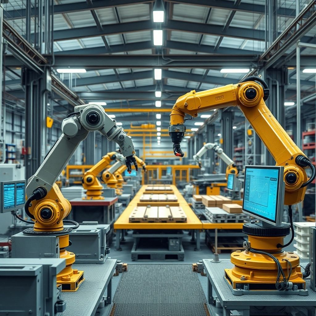 innovative technology solutions transforming a traditional manufacturing plant into a smart factory, with robotic arms, IoT s