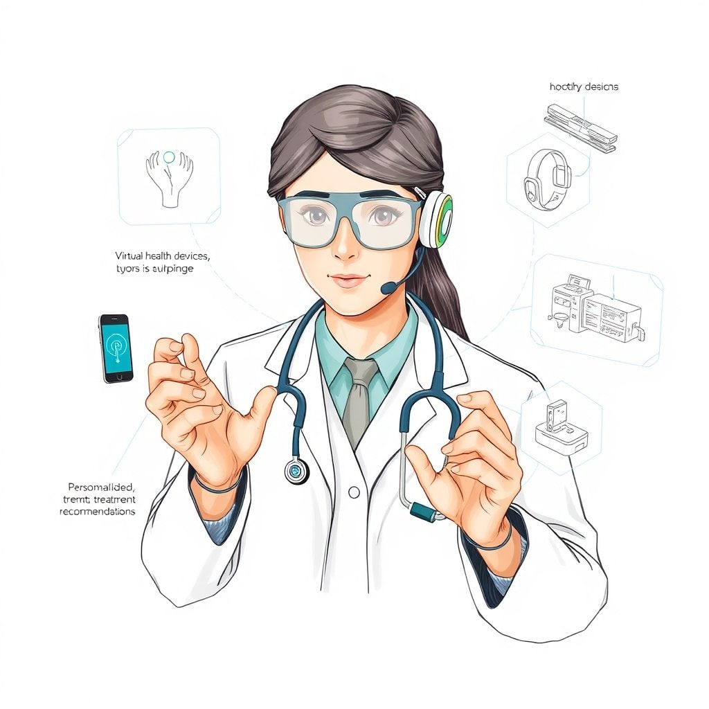 innovative - revolutionary AI technology improving healthcare delivery, showing a virtual doctor consultation, wearable healt