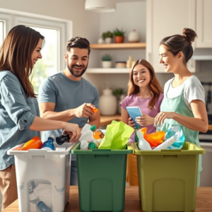 family recycling together in the kitchen, sorting plastic, paper, and glass items into different bins, smiling and happy, natural lighting, cozy atmosphere