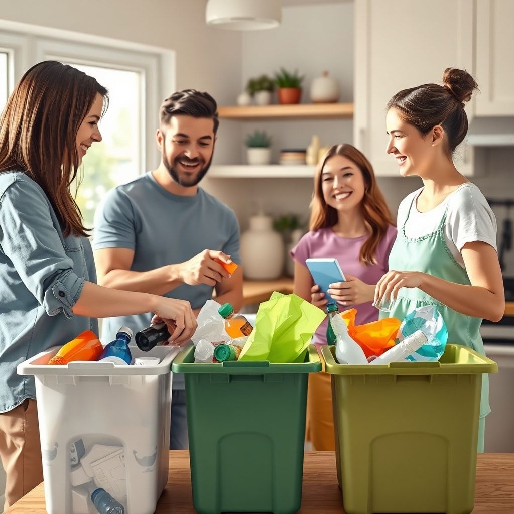 family recycling together in the kitchen, sorting plastic, paper, and glass items into different bins, smiling and happy, natural lighting, cozy atmosphere