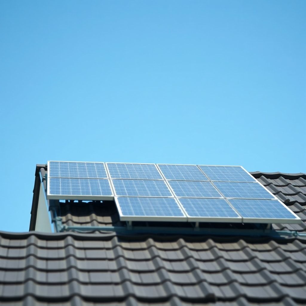 sustainable - solar panels on a rooftop, generating clean energy from the sun, futuristic technology, blue sky background, ec